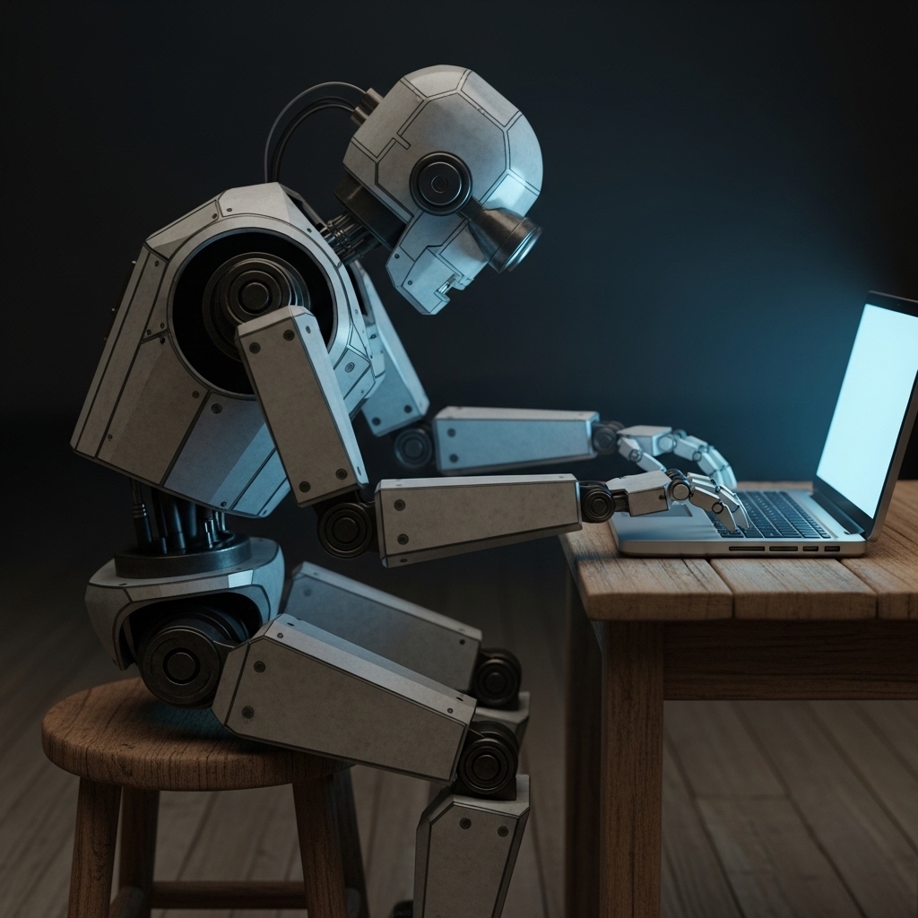 A robot sitting and working at a laptop.
